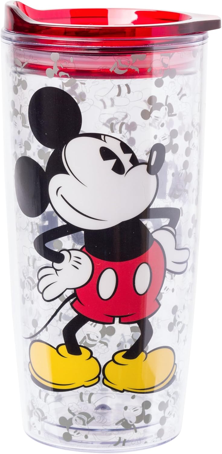Silver Buffalo Disney Vintage Mickey Mouse Since 1928 - Vaso de viaje de doble pared con tapa de cierre deslizante, 20 onzas