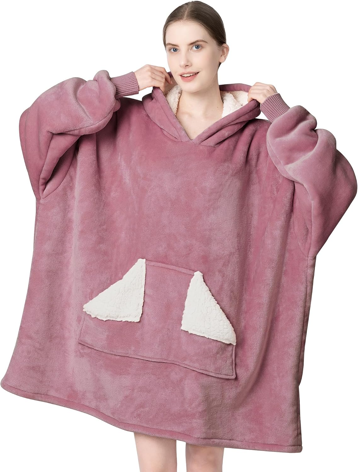 Touchat - Manta con capucha portátil, sudadera con capucha de forro polar sherpa de gran tamaño con bolsillo gigante y mangas para adulto, regalo de manta gris cálida y acogedora para mujeres
