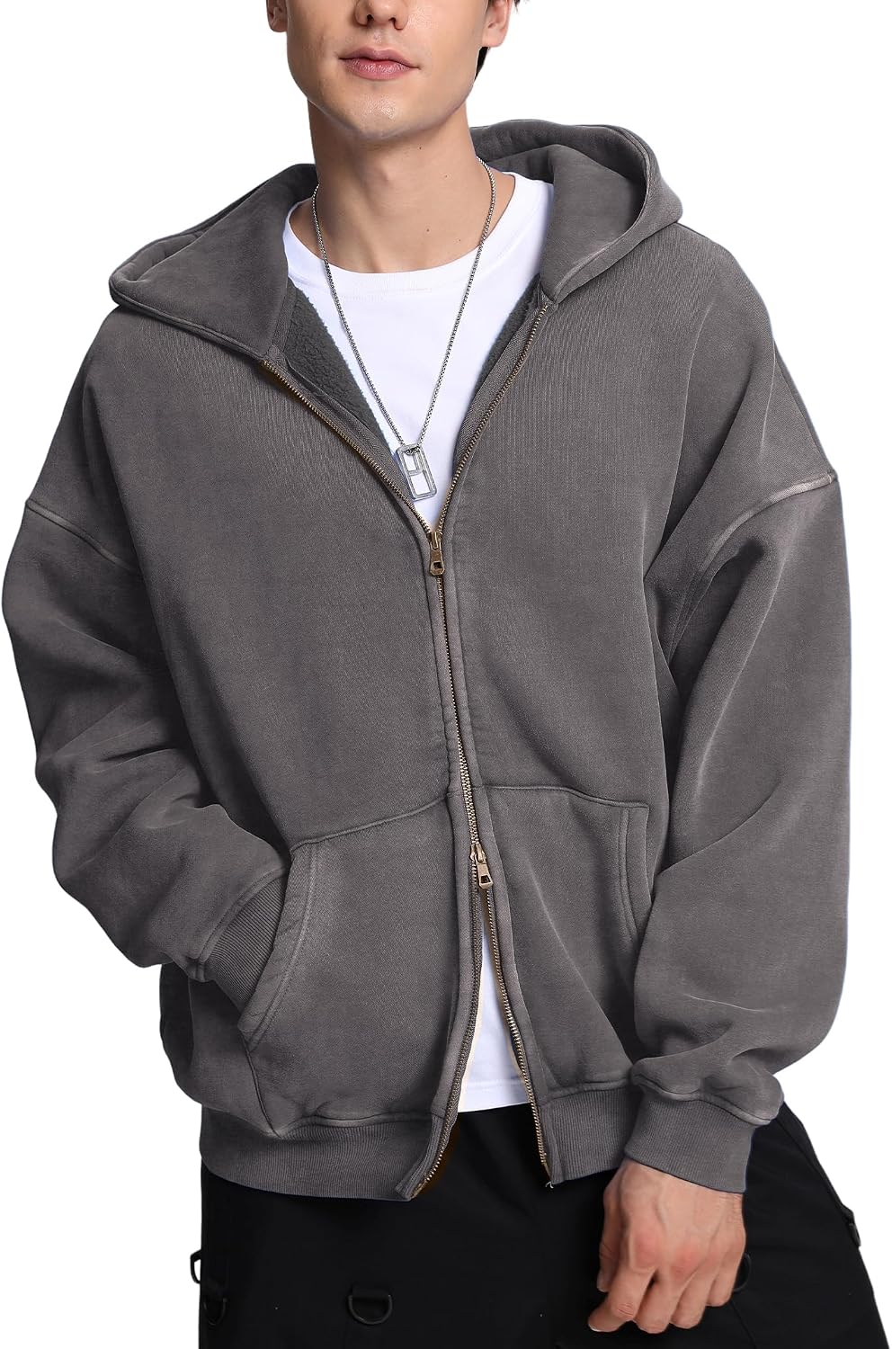 FAIABLE Sudadera con capucha y cremallera para hombre y mujer, de gran tamaño, con lavado ácido, pesada, de algodón, forro polar, con cremallera, estilo vintage