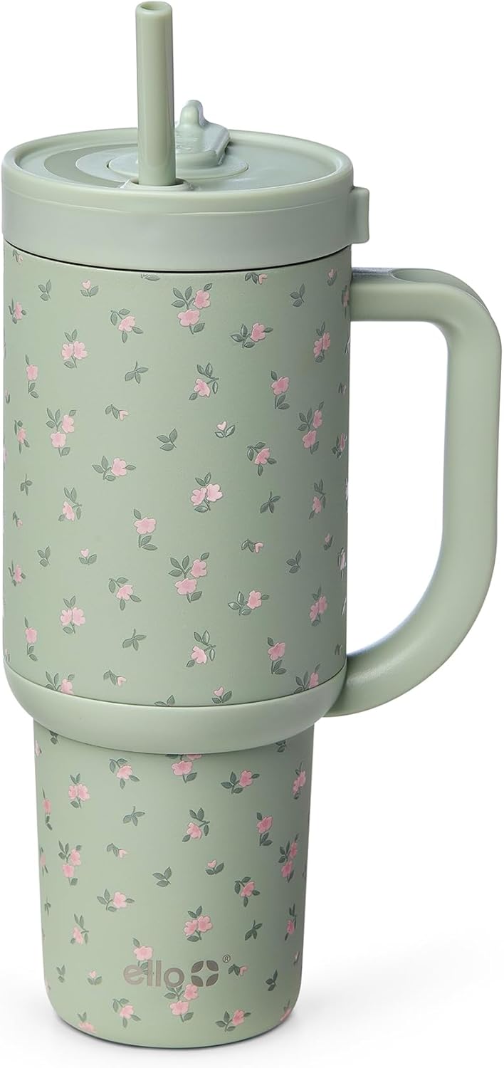 Ello Oasis - Vaso de 30 onzas con asa y pajita retráctil | Taza reutilizable de acero inoxidable aislada 100% a prueba de fugas, regalos para adolescentes, mujeres y hombres | Mantiene el frío durante