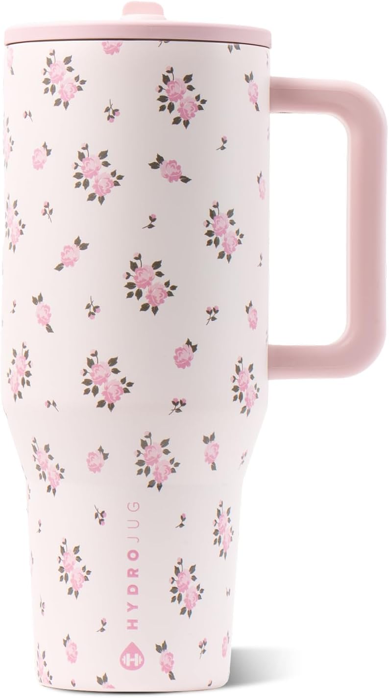 HydroJug Traveler - Botella de agua 32 oz con asa y pajilla abatible, apto para soporte para vasos, resistente a fugas, reutilizable, aislado, acero inoxidable y base de goma, unisex, rosado arena