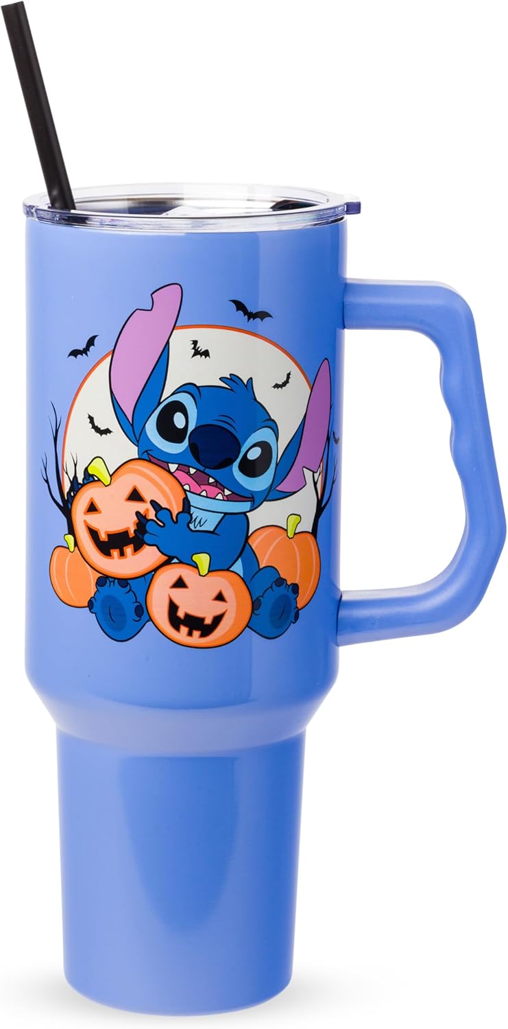 Silver Buffalo Disney Mickey and Friends Daisy, Donald Duck, Goofy, Pluto, Minnie Decals - Vaso de acero inoxidable de doble pared con asa, popote y tapa con pajilla, cabe en portavasos estándar, 40
