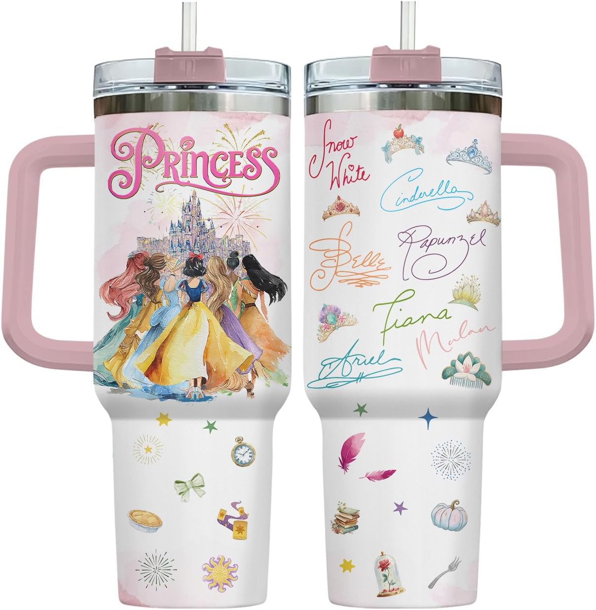 34HD Vaso de princesa rana de 40 onzas, taza de viaje aislada de acero inoxidable con asa y tapa con pajilla, regalo de cumpleaños, taza de películas de princesa de cuento de hadas para mujer