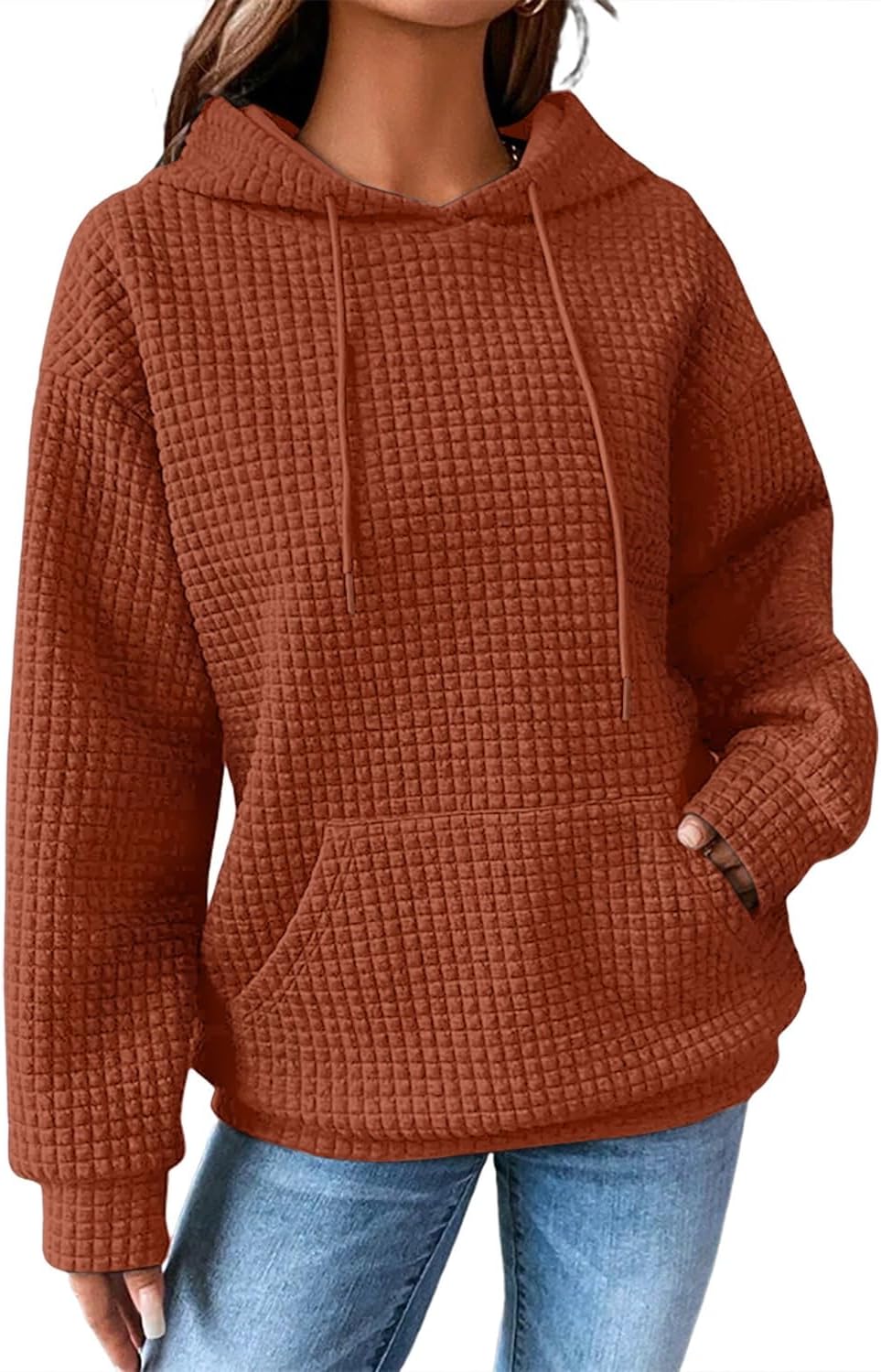 SHEWIN Sudaderas con capucha para mujer, casual, con cordón, estilo waffle, holgada, con bolsillo, 2026