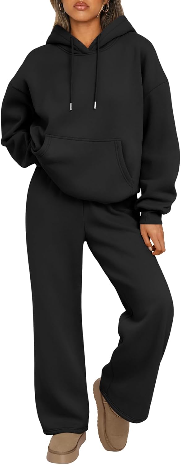 Trendy Queen Conjunto de dos piezas para mujer, ropa de descanso de otoño, conjuntos de moda con sudadera holgada y pantalones de pierna ancha, ropa de invierno | Oversized Drawstring Hoodies&Wide Leg Sweatpants Outfits