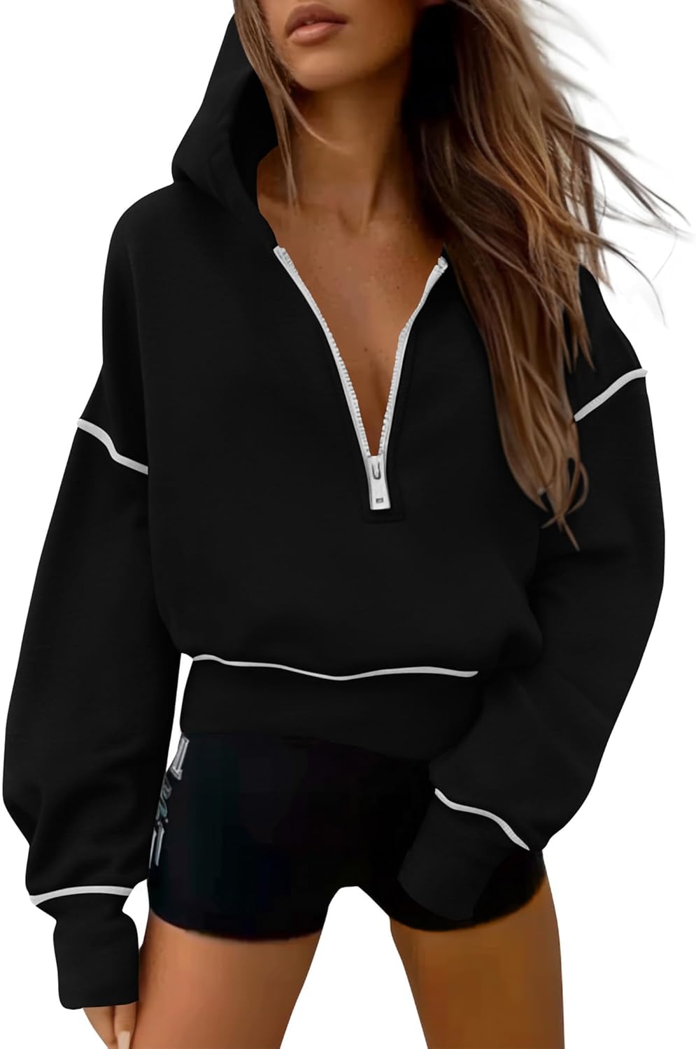 PRETTYGARDEN Sudaderas con capucha para mujer, manga larga, media cremallera, recortadas, sin botones, ropa de moda de invierno