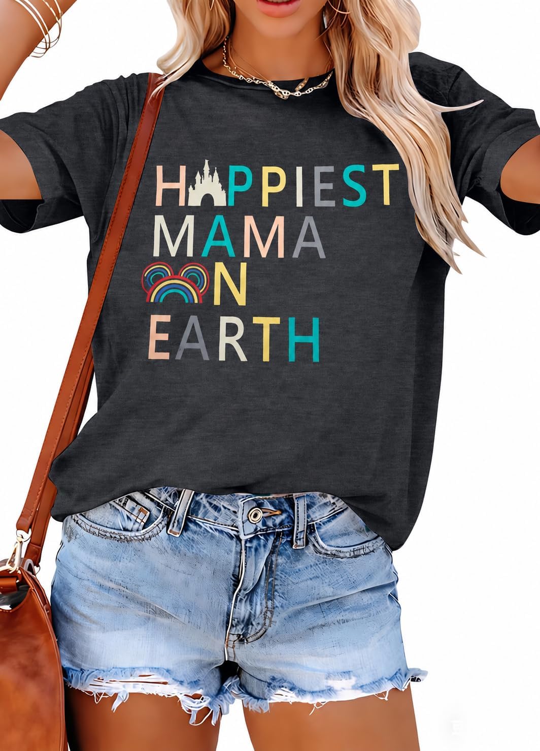 Camisa mágica para mujer, camiseta de manga corta con texto en inglés "Happiest Mama On Earth", diseño de castillo de Magic Kingdom