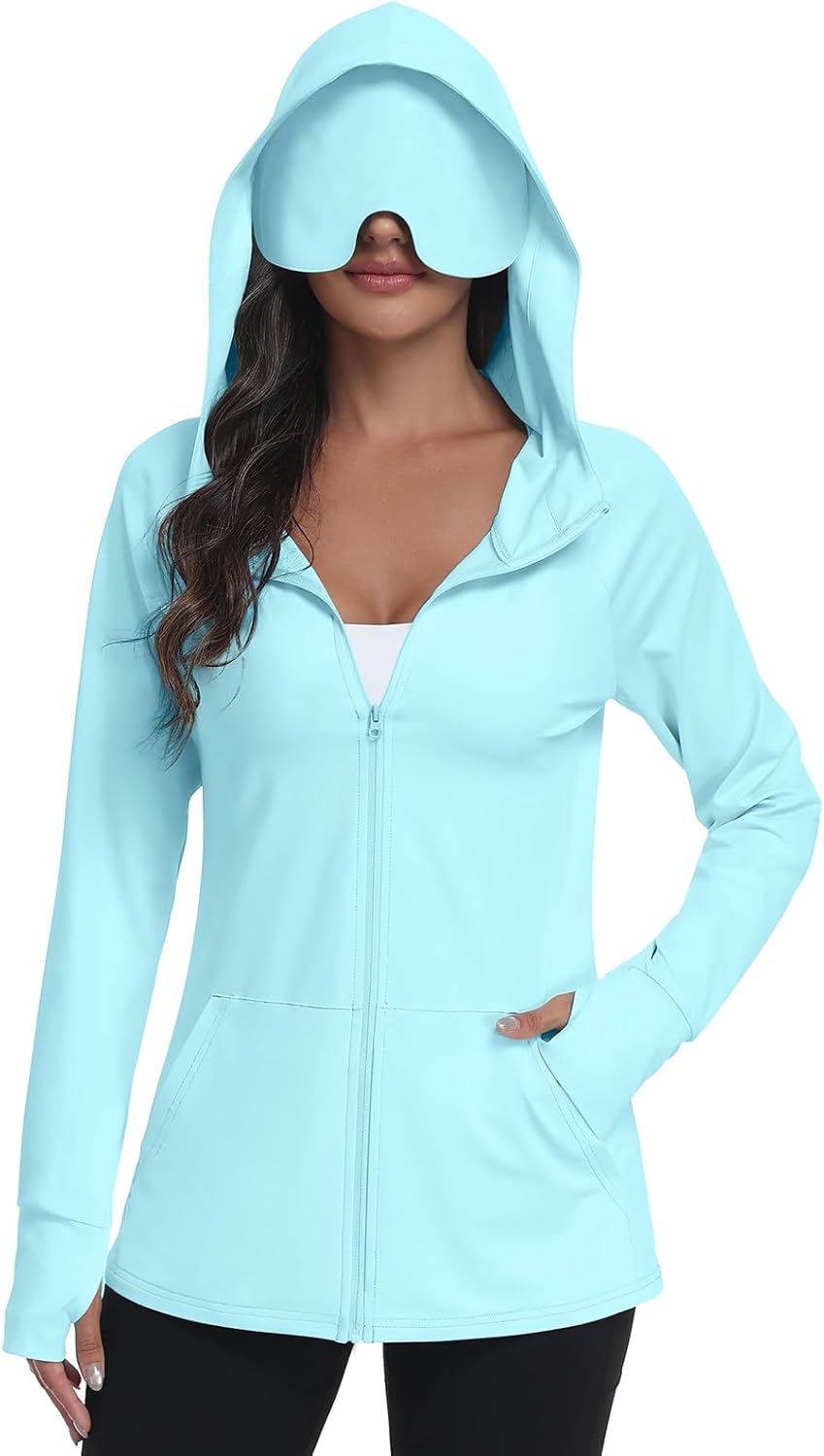 SeSe Code Sudadera con capucha UPF 50+ con máscara de ojos para mujer, chaquetas de viaje con cremallera para dormir, protección solar, bolsillos para siesta al aire libre
