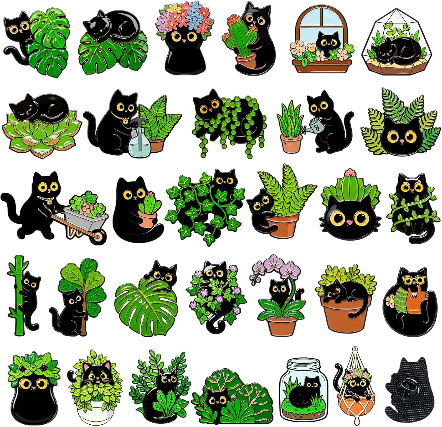 Landical 30 piezas, lindos pines de esmalte a granel, flores de plantas, animales, Halloween, gato negro, gótico, calabazas de otoño, primavera, broches de solapa de dibujos animados, pin de joyería