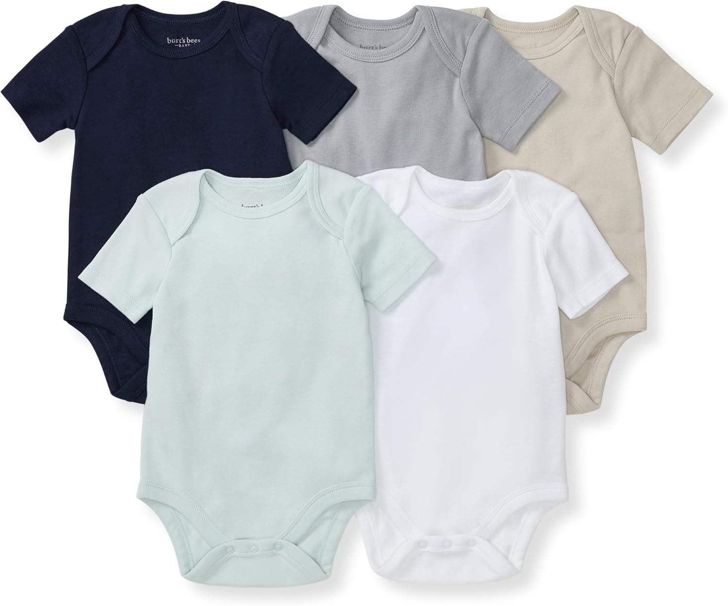 Burt's Bees Baby Body unisex, ropa de dormir orgánica de manga corta, paquete de 5 | Essential baby bodysuit pack featuring an easy-on and off lap-shoulder neck design for stress-free daily outfitting