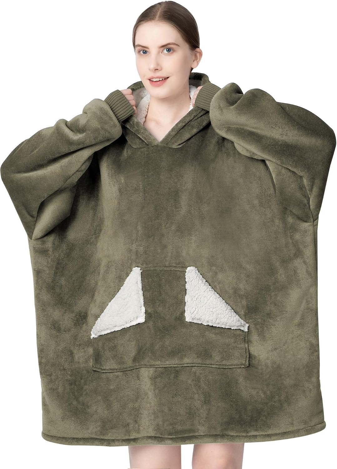 Touchat - Manta con capucha portátil, sudadera con capucha de forro polar sherpa de gran tamaño con bolsillo gigante y mangas para adulto, regalo de manta gris cálida y acogedora para mujeres