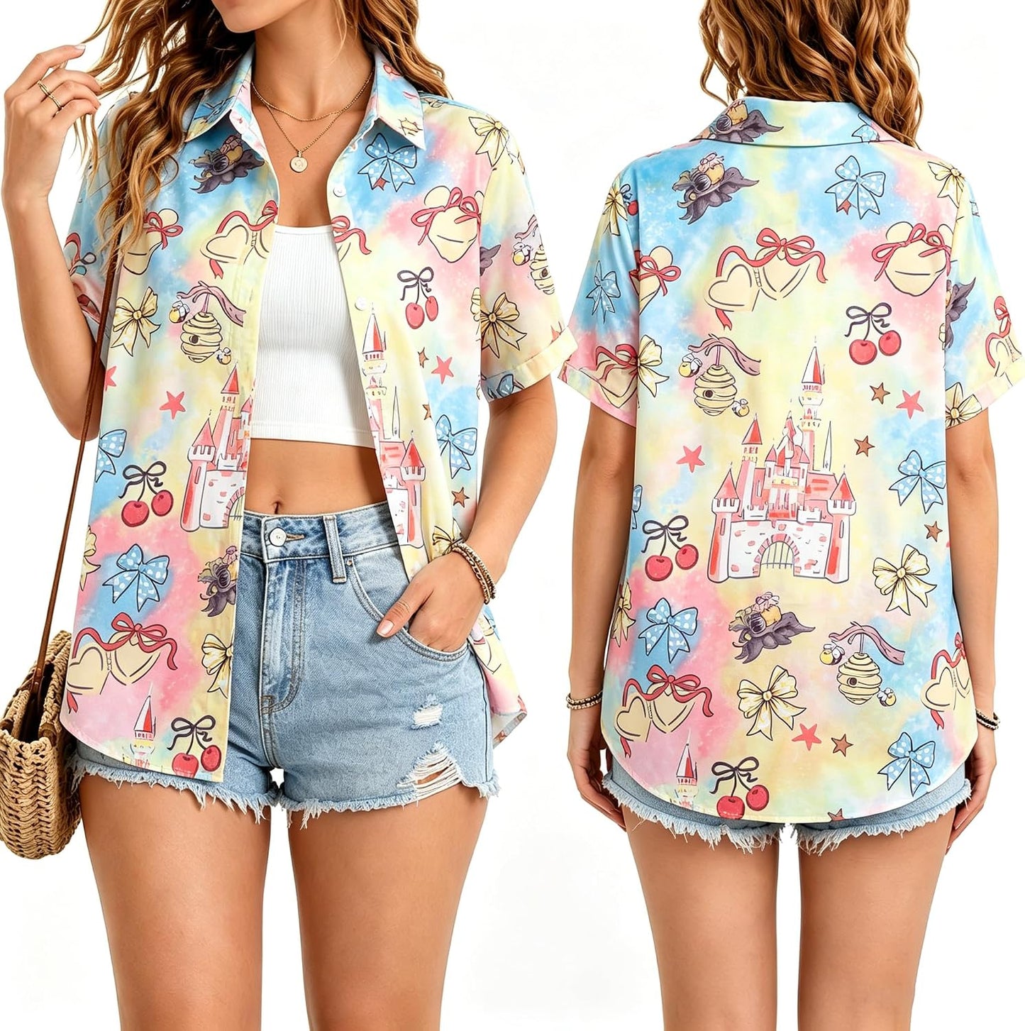 VILOVE Camisa mágica para mujer, camisas hawaianas mágicas de princesa, camiseta divertida con estampado de castillo, para vacaciones familiares, camisetas con botones