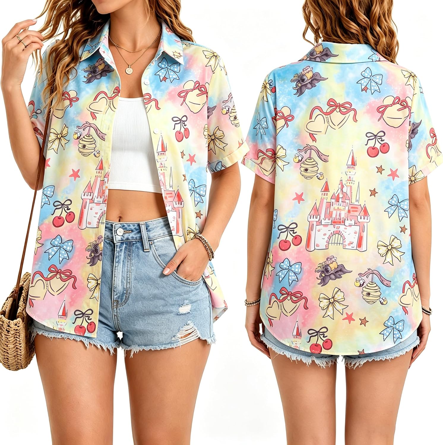 VILOVE Camisa mágica para mujer, camisas hawaianas mágicas de princesa, camiseta divertida con estampado de castillo, para vacaciones familiares, camisetas con botones