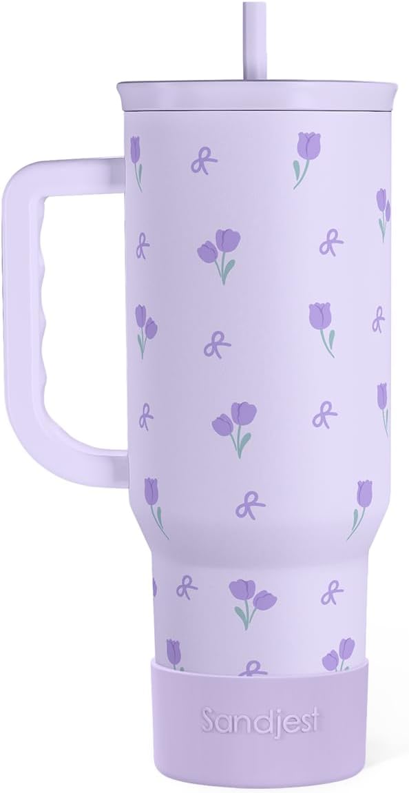 SANDJEST Vaso de 40 onzas con asa y pajilla, taza de café de viaje de acero inoxidable aislado para mujeres, niñas, amantes de la playa, idea de regalo para cumpleaños, Navidad, día de la madre, vacaciones de verano (color)
