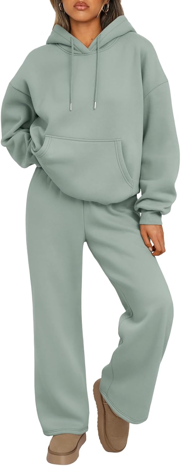 Trendy Queen Conjunto de dos piezas para mujer, ropa de descanso de otoño, conjuntos de moda con sudadera holgada y pantalones de pierna ancha, ropa de invierno | Oversized Drawstring Hoodies&Wide Leg Sweatpants Outfits