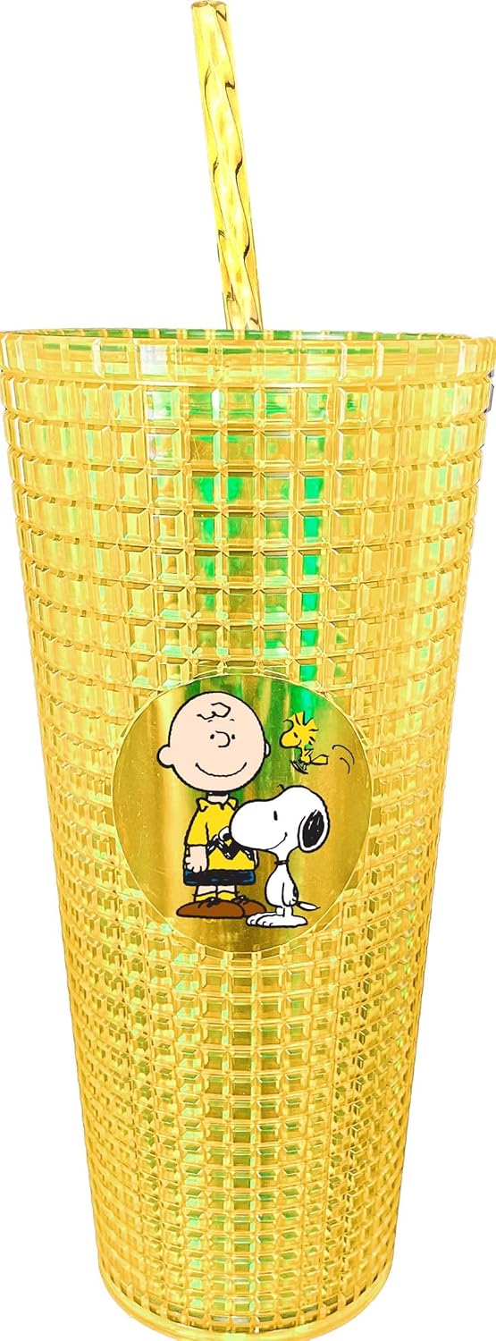 Spoontiques Peanuts Vaso de diamantes, 20 oz - Vaso texturizado con pajita, aislamiento de doble pared, sin BPA - Snoopy