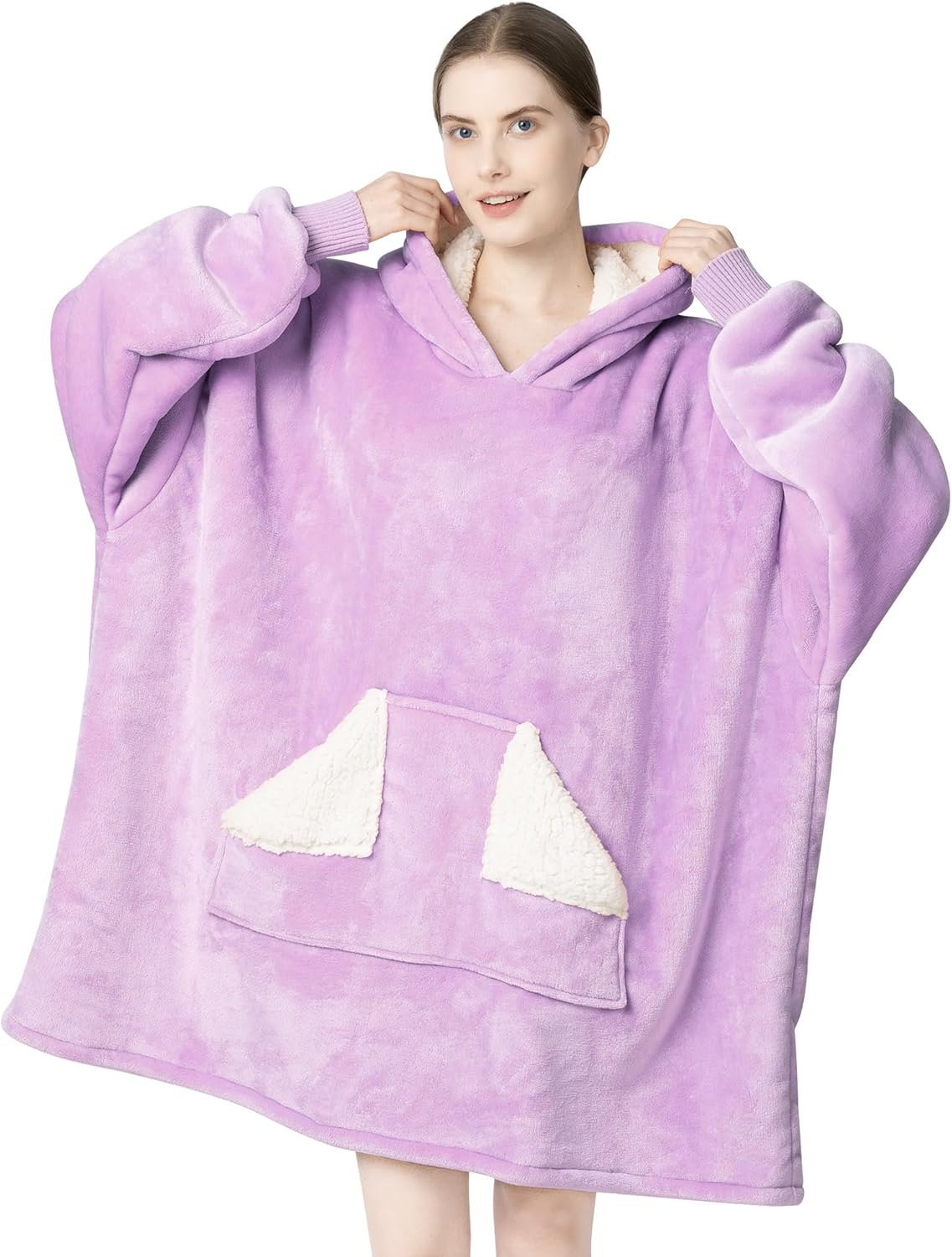 Touchat - Manta con capucha portátil, sudadera con capucha de forro polar sherpa de gran tamaño con bolsillo gigante y mangas para adulto, regalo de manta gris cálida y acogedora para mujeres