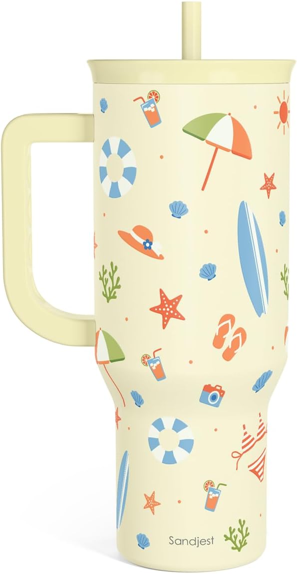 SANDJEST Vaso de 40 onzas con asa y pajilla, taza de café de viaje de acero inoxidable aislado para mujeres, niñas, amantes de la playa, idea de regalo para cumpleaños, Navidad, día de la madre, vacaciones de verano (color)