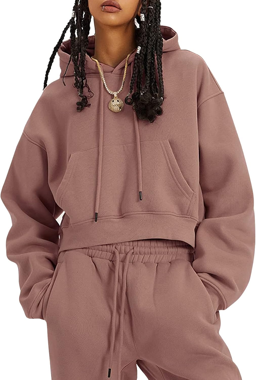 Flygo Conjunto deportivo de 2 piezas de forro polar para mujer, sudadera corta, sudadera y pantalones deportivos