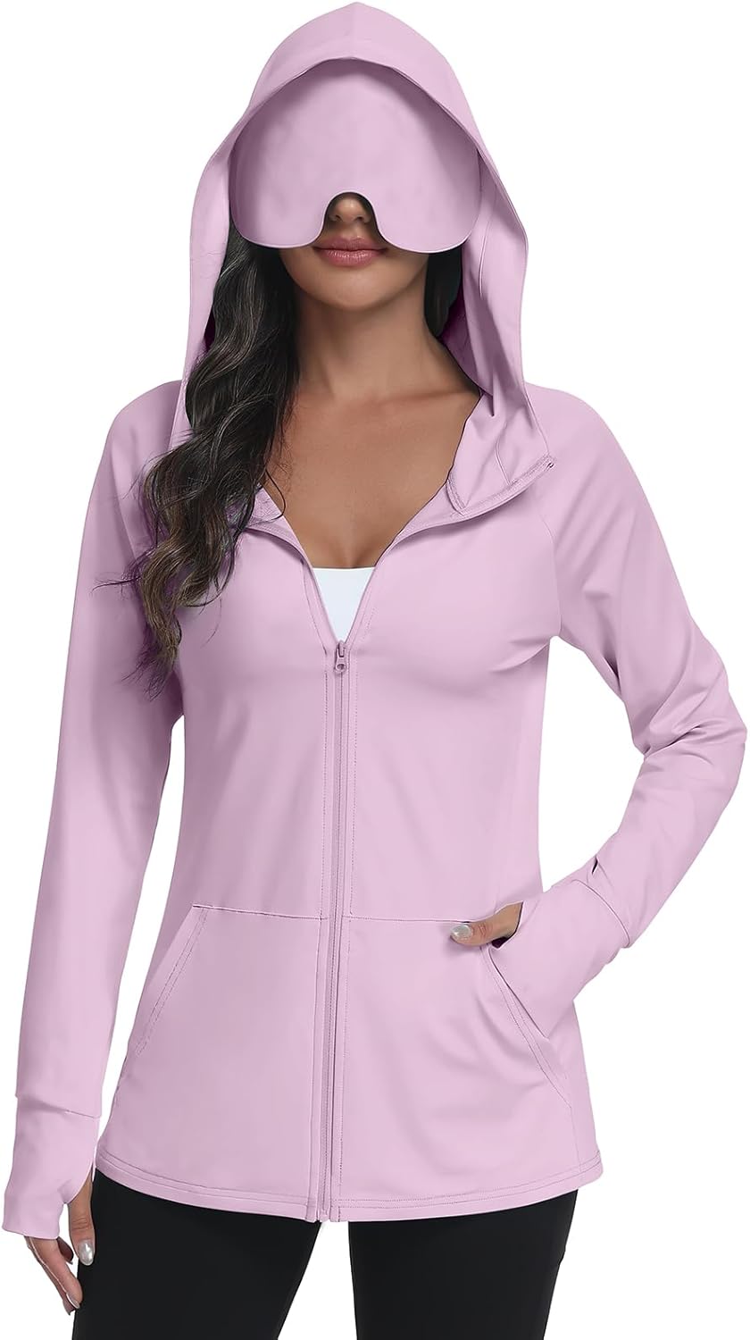 SeSe Code Sudadera con capucha UPF 50+ con máscara de ojos para mujer, chaquetas de viaje con cremallera para dormir, protección solar, bolsillos para siesta al aire libre