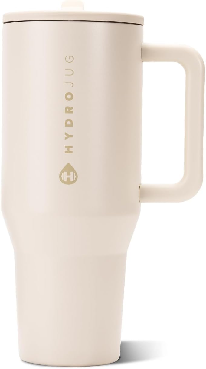 HydroJug Traveler - Botella de agua 32 oz con asa y pajilla abatible, apto para soporte para vasos, resistente a fugas, reutilizable, aislado, acero inoxidable y base de goma, unisex, rosado arena