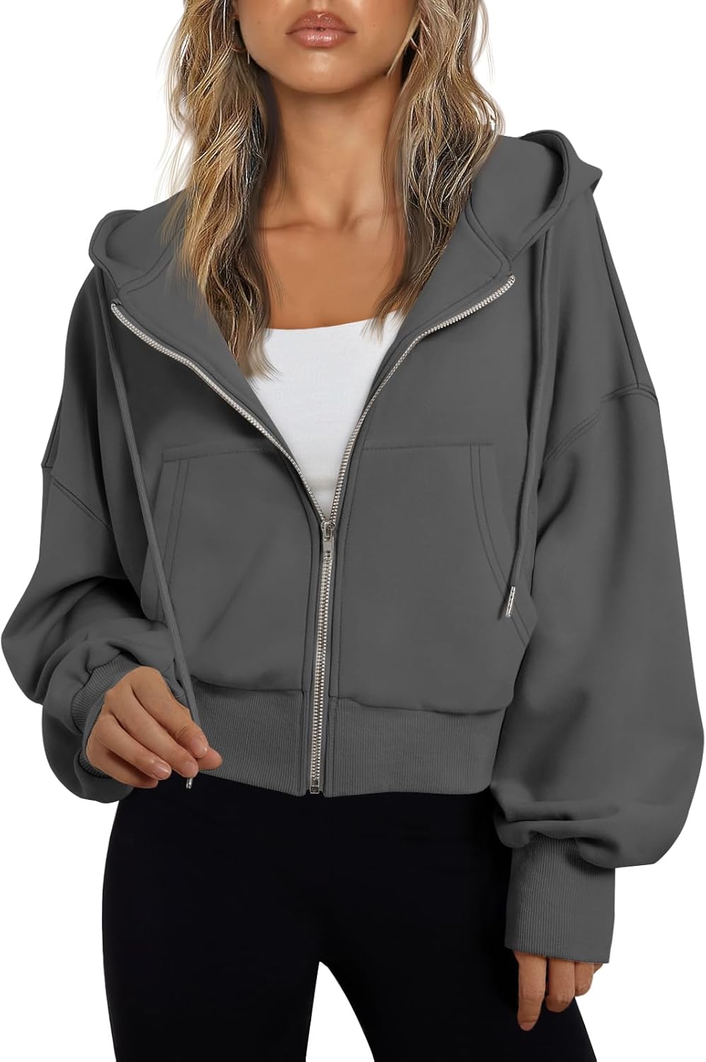 Trendy Queen Sudadera con capucha y cremallera para mujer, ligera, con hombros caídos, chaqueta atlética casual