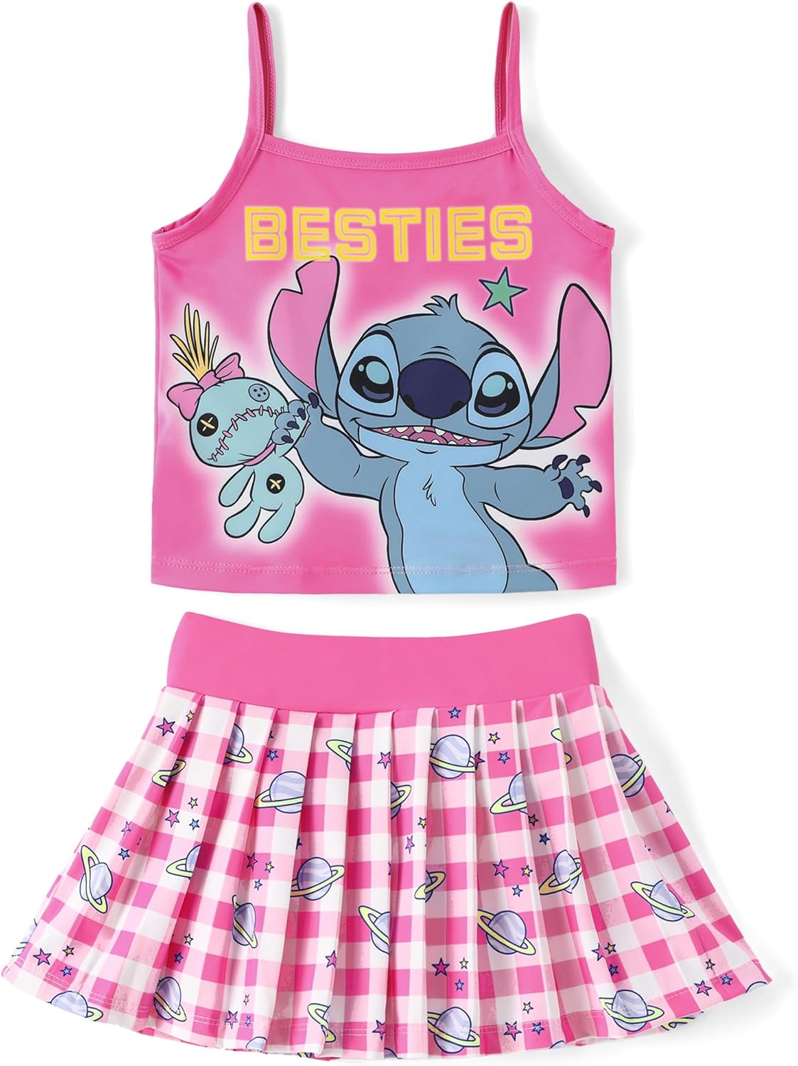 Disney Minnie Frozen Stitch Princess - Conjunto de falda de tenis para niñas pequeñas, camisola atlética y falda pantalón de 2 piezas, 2-9 años