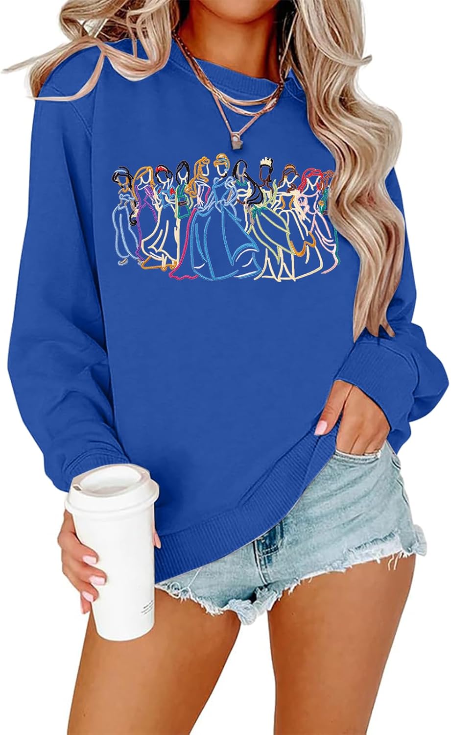 BANGELY Sudadera mágica para mujer, lindo suéter de princesa mágica bordado, camisa de vacaciones para la familia, camiseta casual de manga larga
