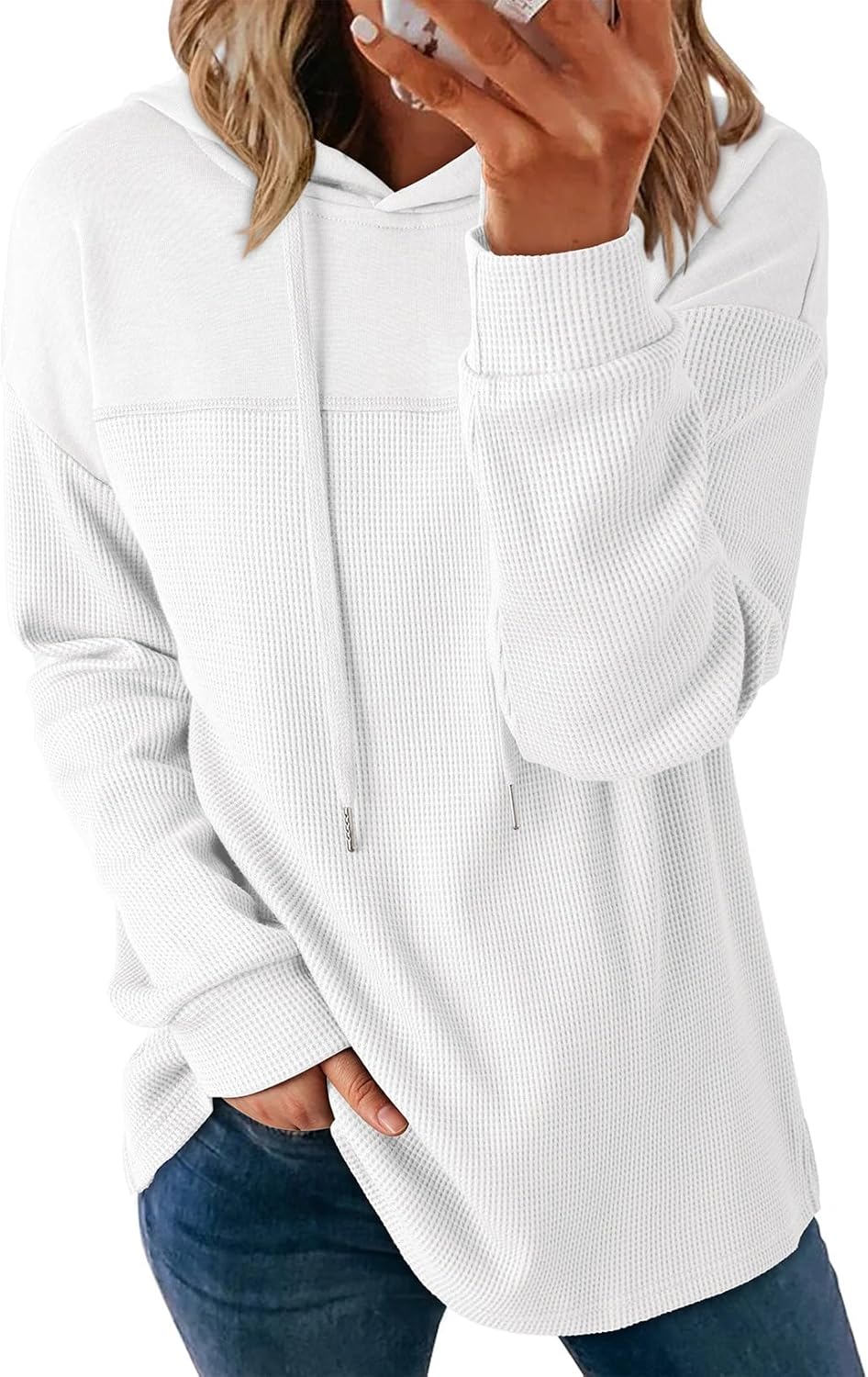 Dokotoo Sudaderas con capucha para mujer, de punto gofre, manga larga, con cordón, ligeras, con capucha