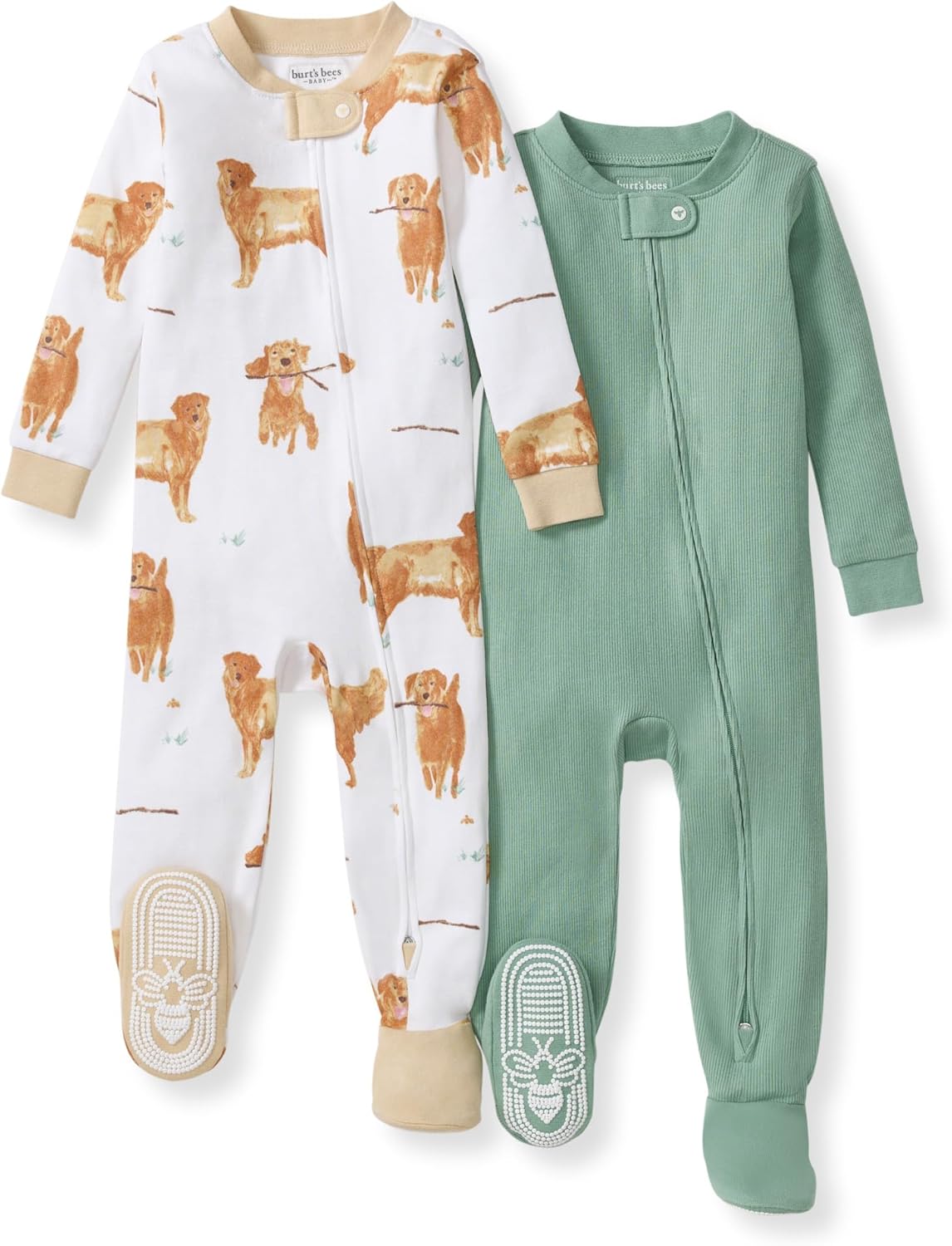 Burt's Bees Baby Pijama de algodón orgánico para niños, ajuste cómodo con pies | Convenient 2-way zip front sleeper pajama is equipped with non-slip bee grips for active littles on the move