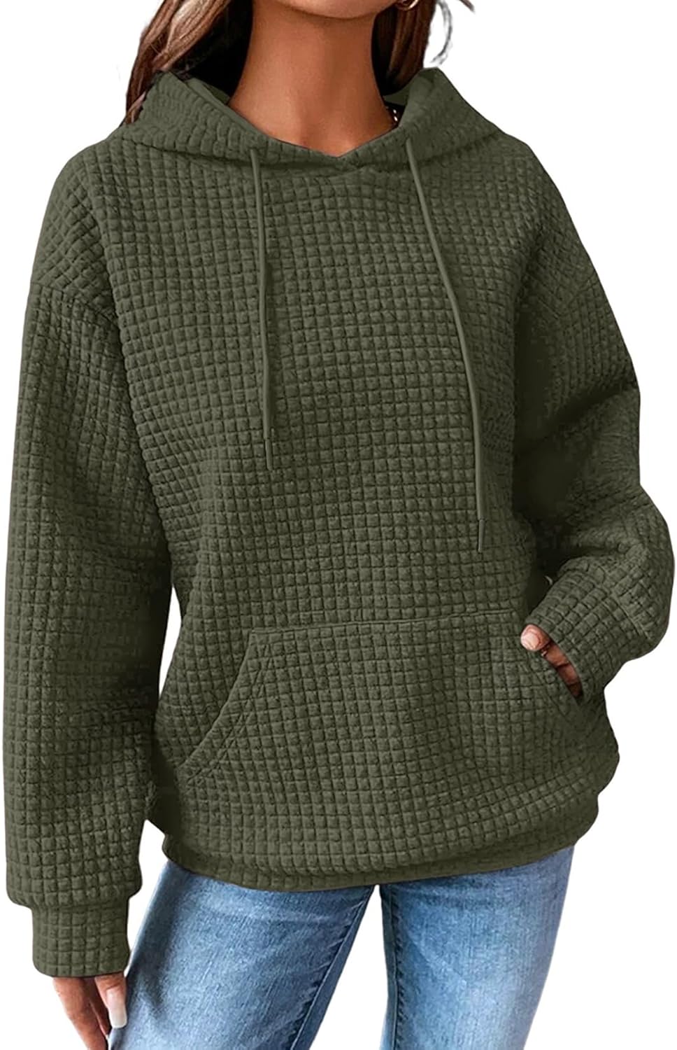 SHEWIN Sudaderas con capucha para mujer, casual, con cordón, estilo waffle, holgada, con bolsillo, 2026