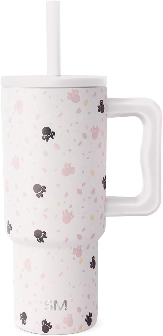 Simple Modern Disney Trek Kids - Vaso de acero inoxidable para niños y niñas, con asa y tapa con pajilla de silicona, resistente a derrames y fugas, reutilizable, Minnie Mouse en terrazo, 24 onzas
