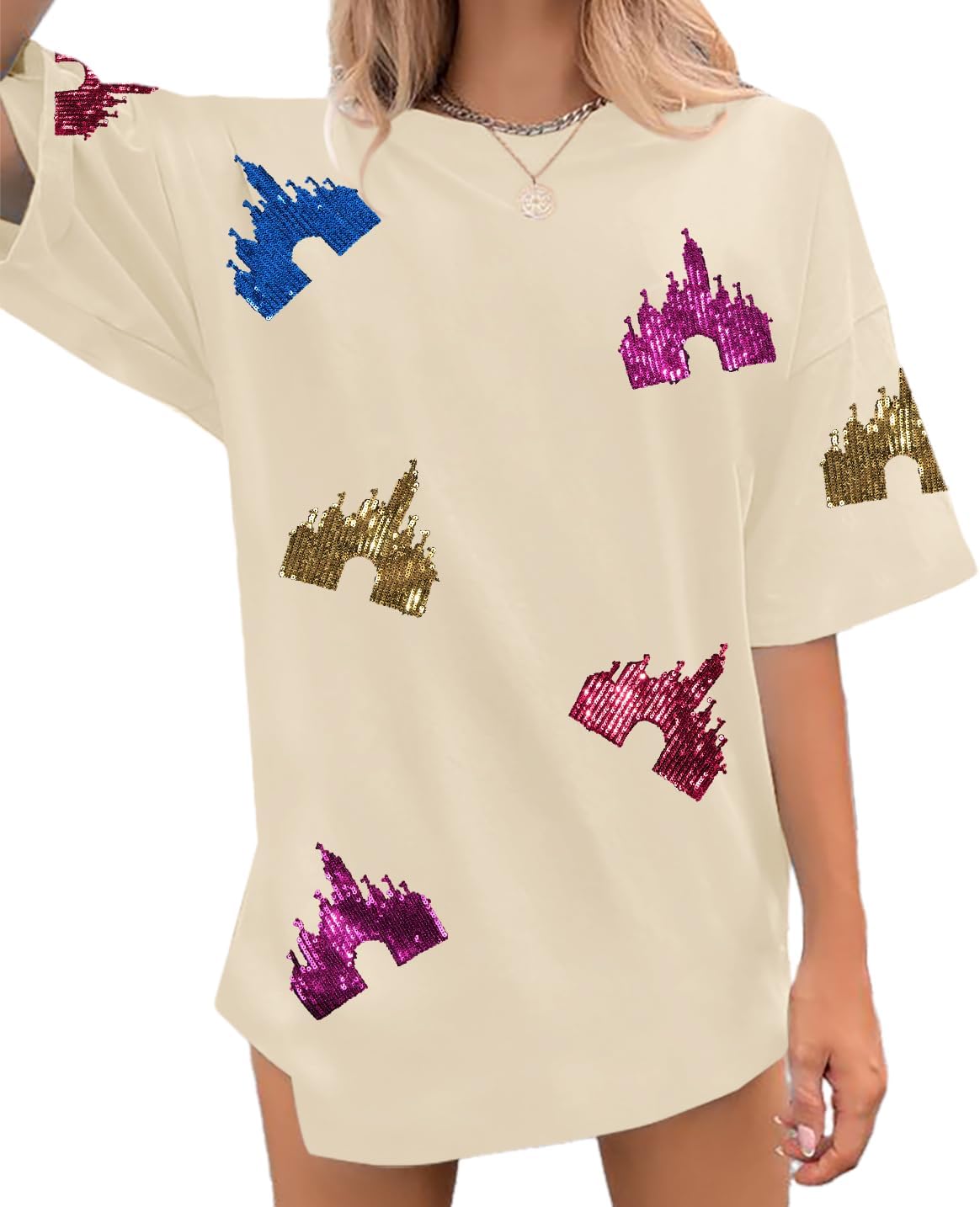 Camisas del Reino Mágico para Mujer, Top de Lentejuelas, Camiseta Gráfica de Castillo Colorido, Camiseta Divertida y Linda para Vacaciones Festivas