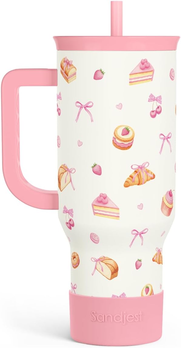 SANDJEST Vaso de 40 onzas con asa y pajilla, taza de café de viaje de acero inoxidable aislado para mujeres, niñas, amantes de la playa, idea de regalo para cumpleaños, Navidad, día de la madre, vacaciones de verano (color)