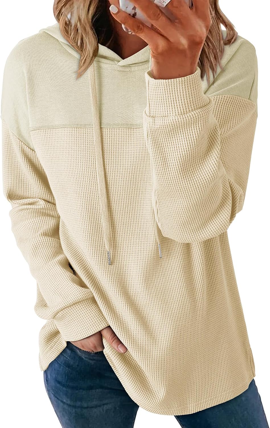 Dokotoo Sudaderas con capucha para mujer, de punto gofre, manga larga, con cordón, ligeras, con capucha