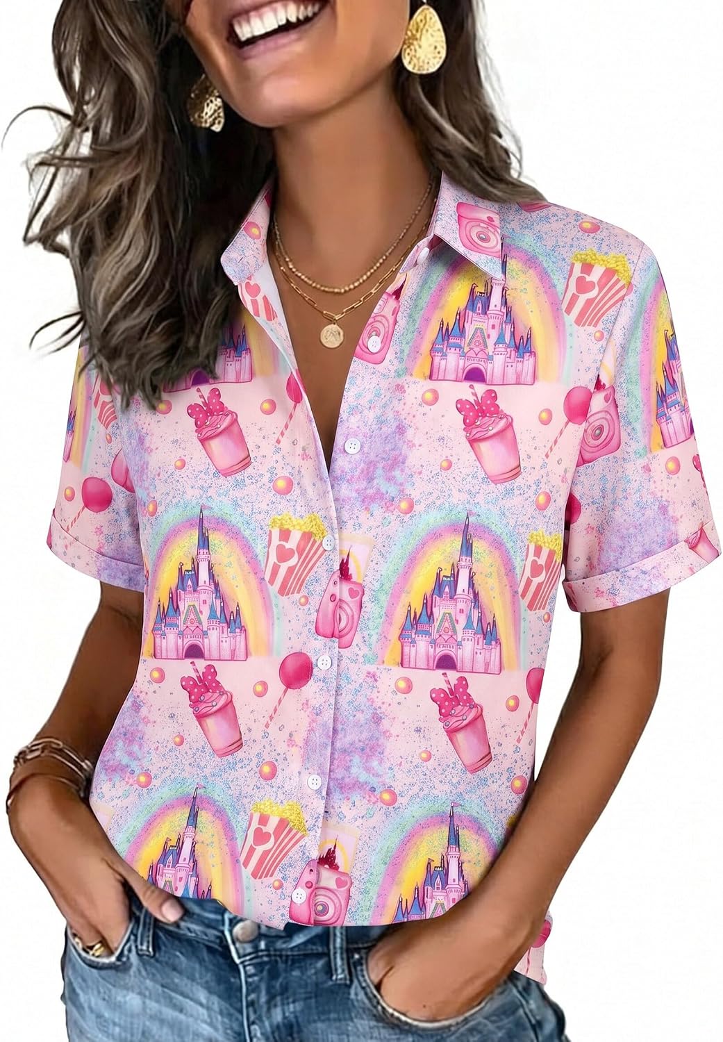 Camisas mágicas para mujer You've Got A Friend in Me Camisa Castillo Hawaiano Camiseta Linda Vacaciones Familiares Tops con Botones