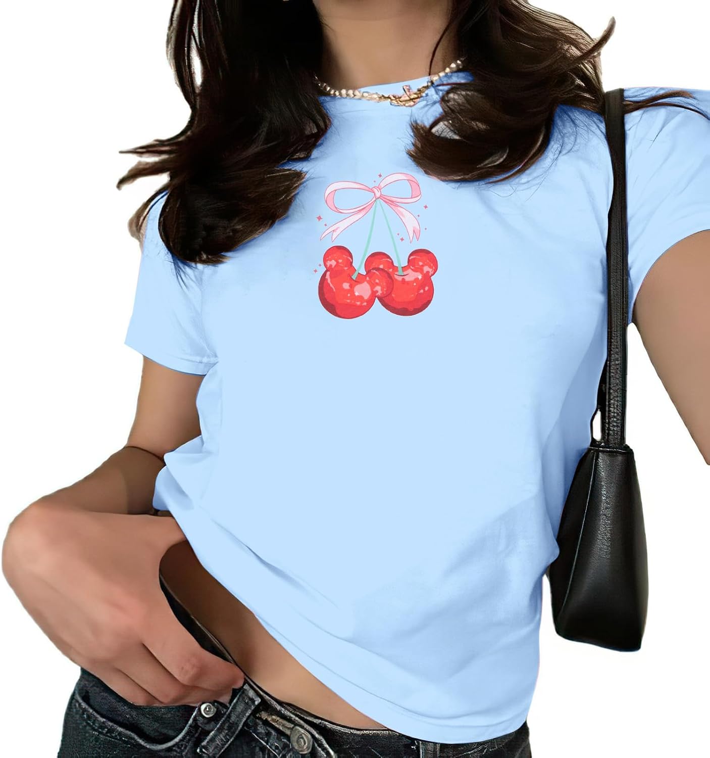 Camiseta con Lazo de Cerezas Rosa para Mujer: Blusas Coquette, Camisetas Estéticas de Chica Limpia, Camisetas Casuales de Verano de Manga Corta