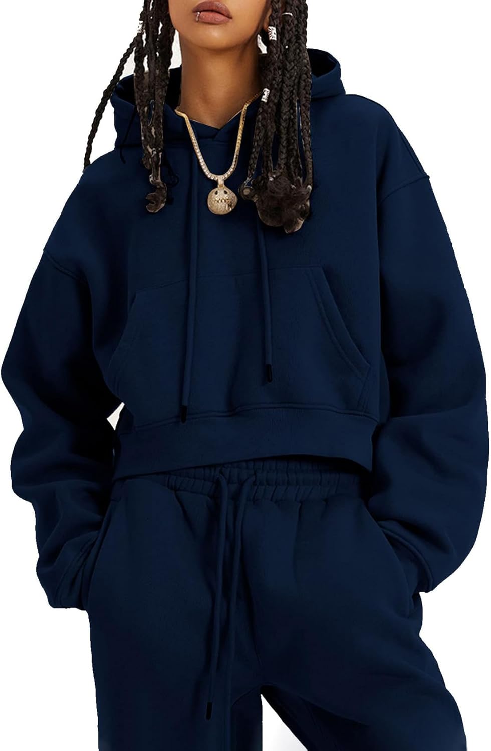 Flygo Conjunto deportivo de 2 piezas de forro polar para mujer, sudadera corta, sudadera y pantalones deportivos