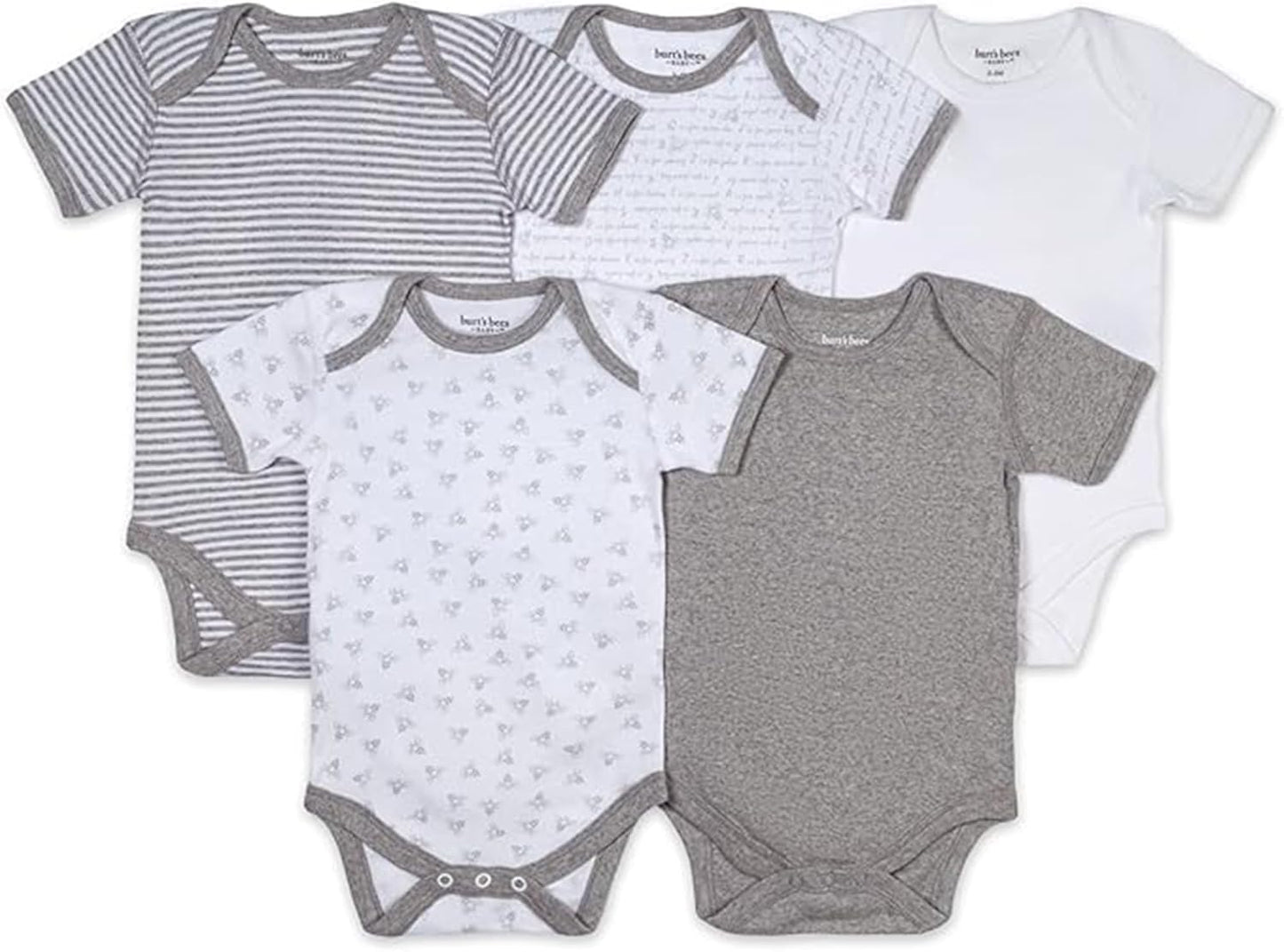Burt's Bees Baby Body unisex, ropa de dormir orgánica de manga corta, paquete de 5 | Essential baby bodysuit pack featuring an easy-on and off lap-shoulder neck design for stress-free daily outfitting