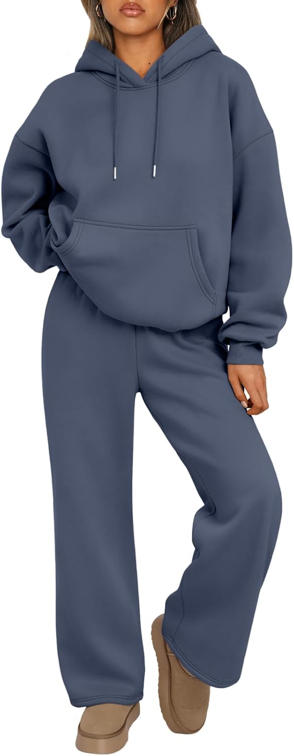 Trendy Queen Conjunto de dos piezas para mujer, ropa de descanso de otoño, conjuntos de moda con sudadera holgada y pantalones de pierna ancha, ropa de invierno | Oversized Drawstring Hoodies&Wide Leg Sweatpants Outfits