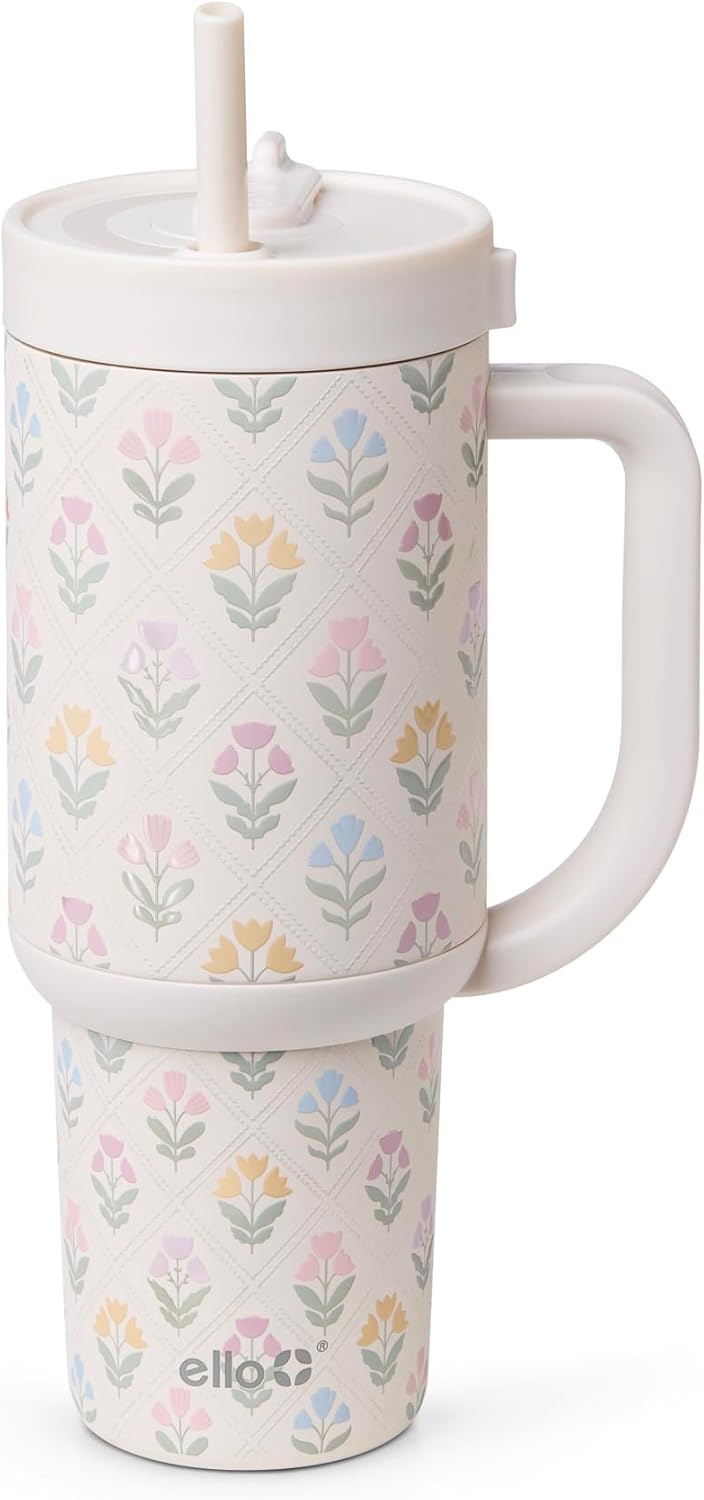 Ello Oasis - Vaso de 30 onzas con asa y pajita retráctil | Taza reutilizable de acero inoxidable aislada 100% a prueba de fugas, regalos para adolescentes, mujeres y hombres | Mantiene el frío durante