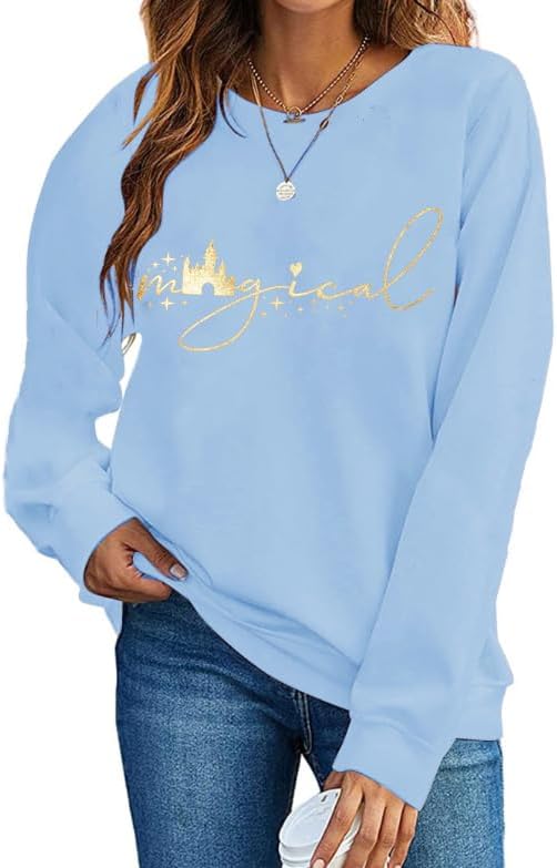 UNIQUENOE Magic Kingdom Sudaderas para mujer, camiseta mágica para vacaciones familiares, camiseta de manga larga con gráfico de castillo