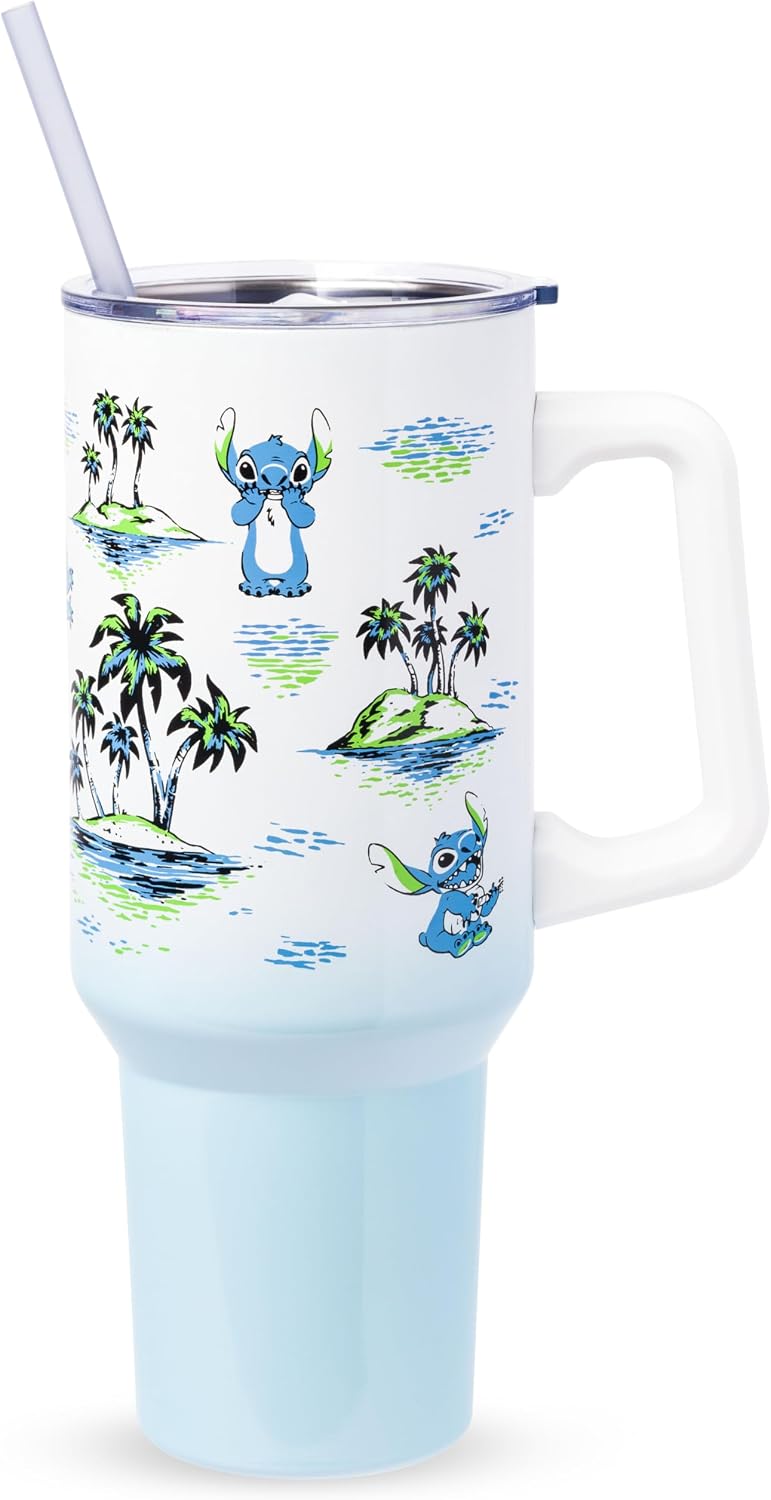 Silver Buffalo Disney Mickey and Friends Daisy, Donald Duck, Goofy, Pluto, Minnie Decals - Vaso de acero inoxidable de doble pared con asa, popote y tapa con pajilla, cabe en portavasos estándar, 40