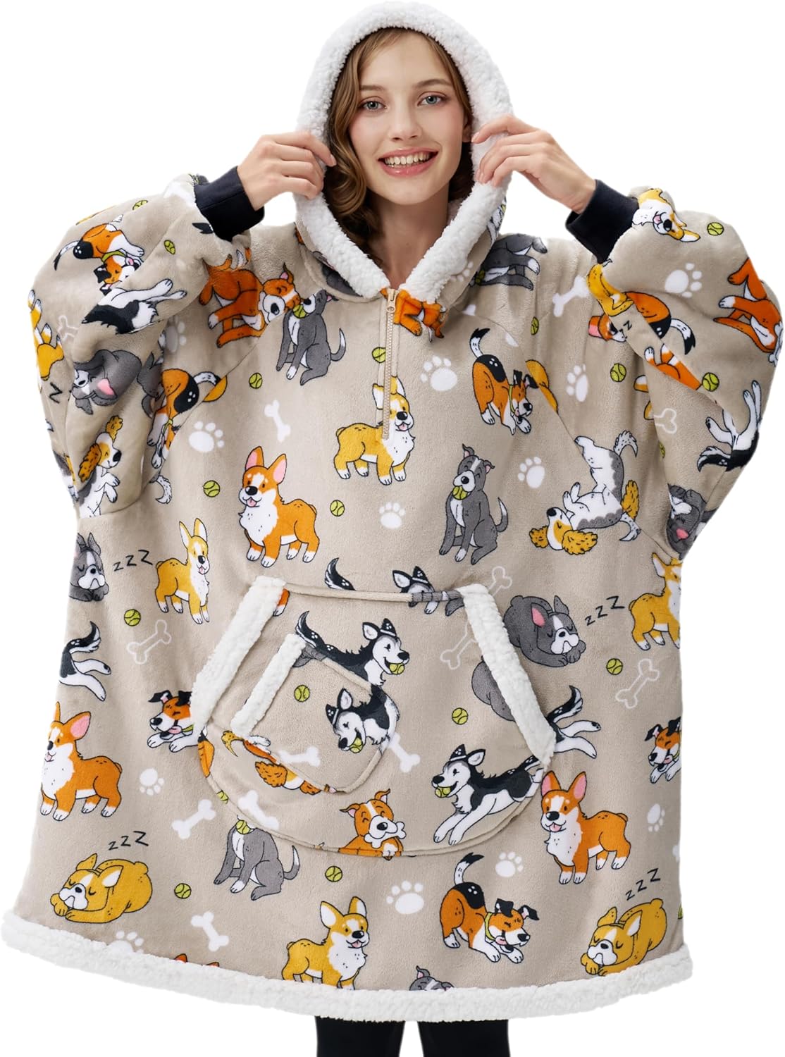 Giggling Getup Manta con capucha para adultos, regalos para adolescentes, niñas, hermanas, mujeres, forro polar sherpa, sudadera con capucha, cálida y acogedora con bolsillo y mangas, color beige gato