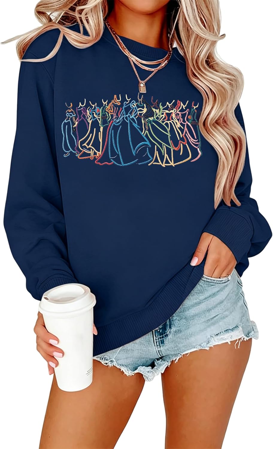 BANGELY Sudadera mágica para mujer, lindo suéter de princesa mágica bordado, camisa de vacaciones para la familia, camiseta casual de manga larga