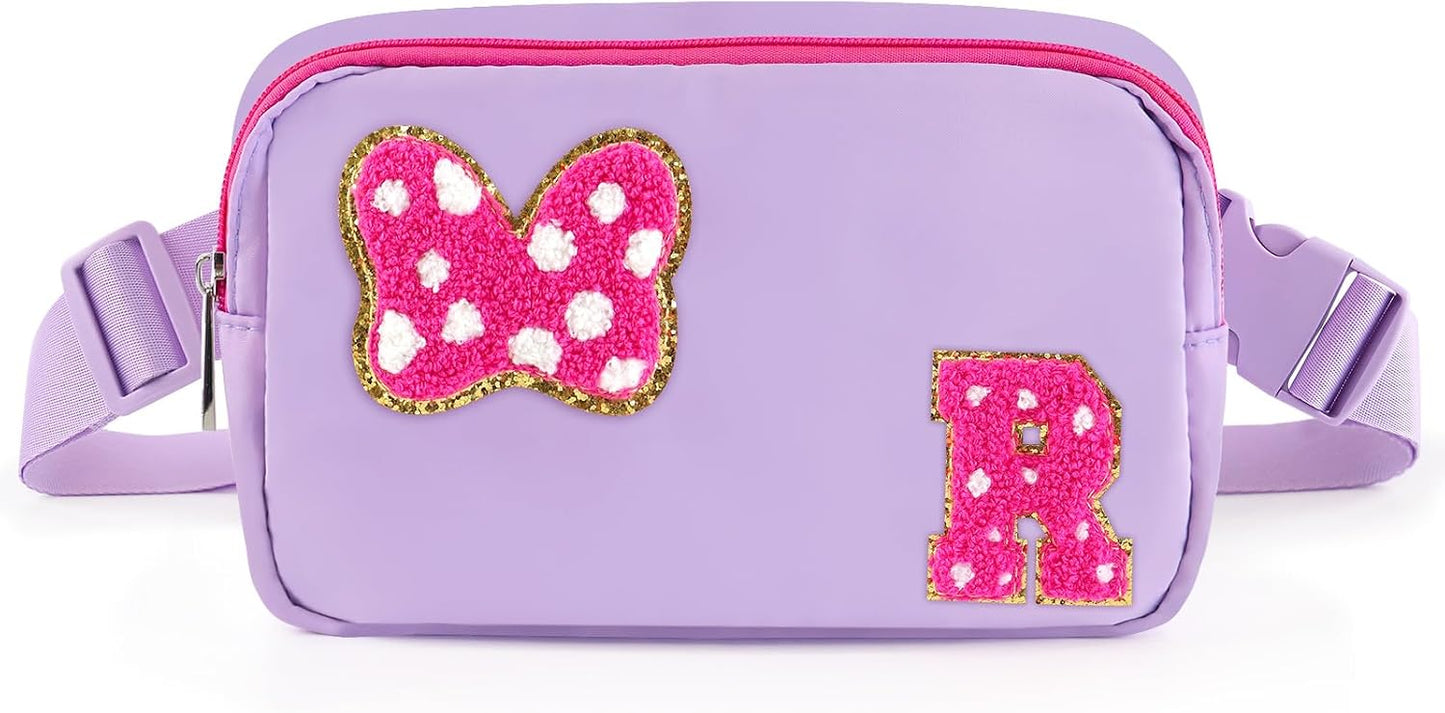 Riñonera con Lazo de Letra Inicial de Chenilla, Bolsa Cruzada Impermeable para Parque, Regalos de Navidad y Cumpleaños para Niñas Adolescentes, Hijas, Mujeres, Niños, Adultos, Linda Bolsa de Cinturón