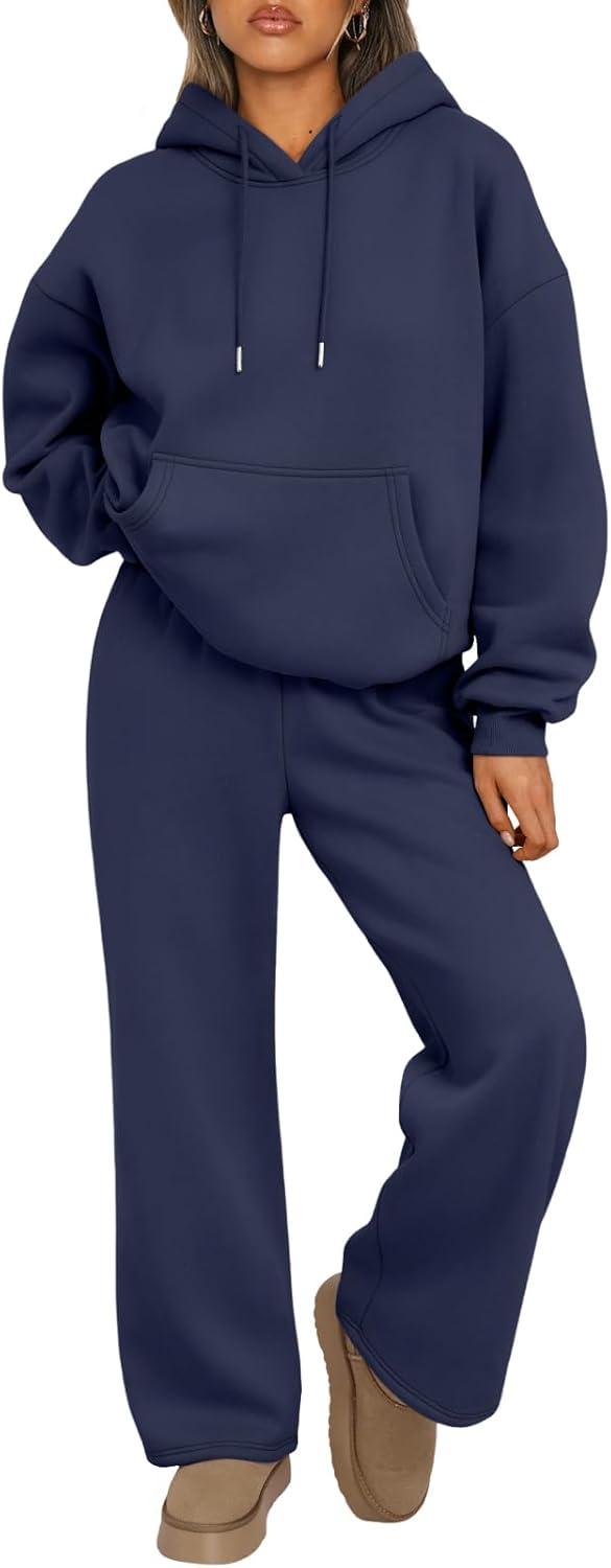 Trendy Queen Conjunto de dos piezas para mujer, ropa de descanso de otoño, conjuntos de moda con sudadera holgada y pantalones de pierna ancha, ropa de invierno | Oversized Drawstring Hoodies&Wide Leg Sweatpants Outfits