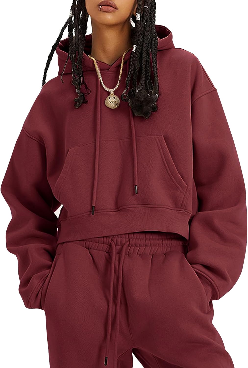 Flygo Conjunto deportivo de 2 piezas de forro polar para mujer, sudadera corta, sudadera y pantalones deportivos