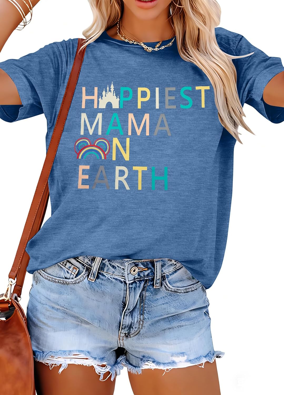 Camisa mágica para mujer, camiseta de manga corta con texto en inglés "Happiest Mama On Earth", diseño de castillo de Magic Kingdom