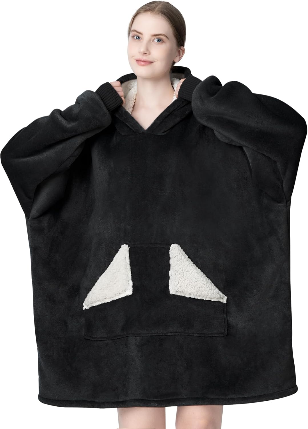 Touchat - Manta con capucha portátil, sudadera con capucha de forro polar sherpa de gran tamaño con bolsillo gigante y mangas para adulto, regalo de manta gris cálida y acogedora para mujeres